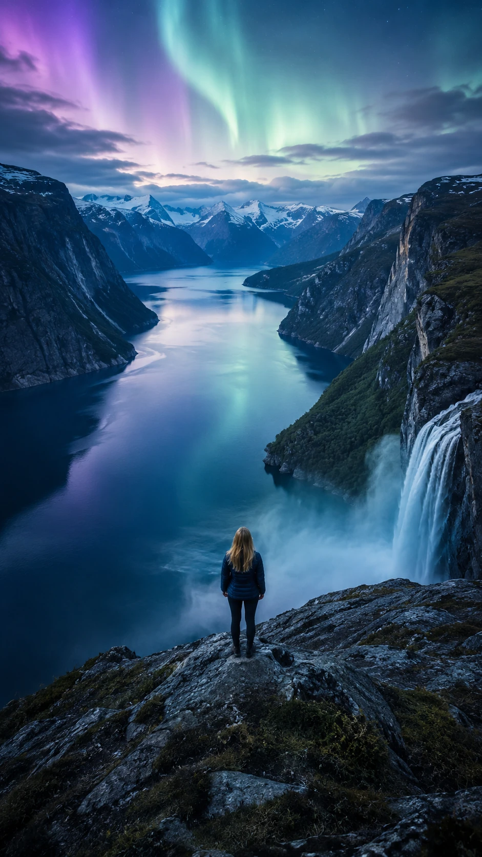 Dramatisk norsk fjord med snødekte fjell og nordisk lys