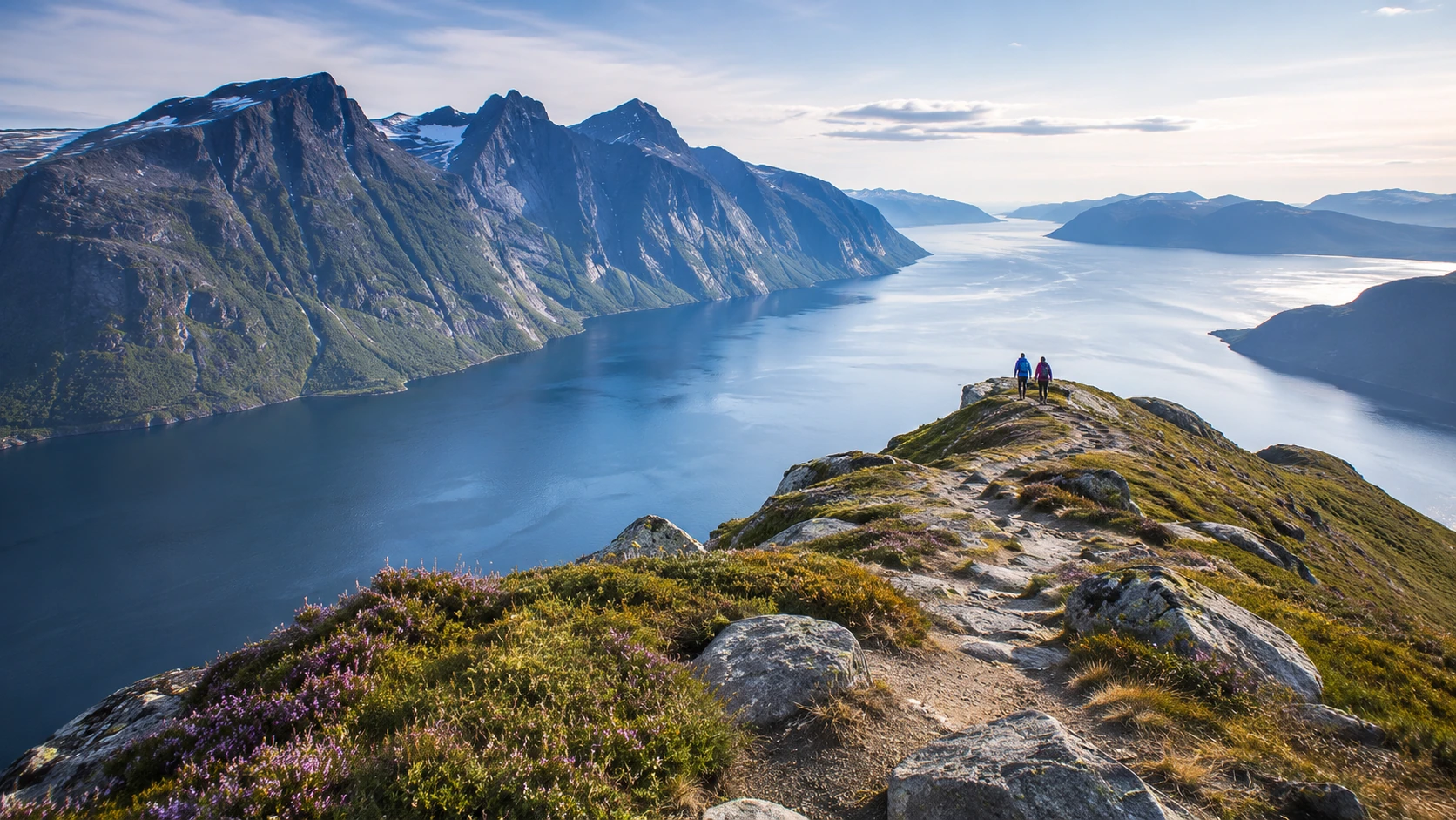 Vandresti i norsk fjellandskap med fjordutsikt