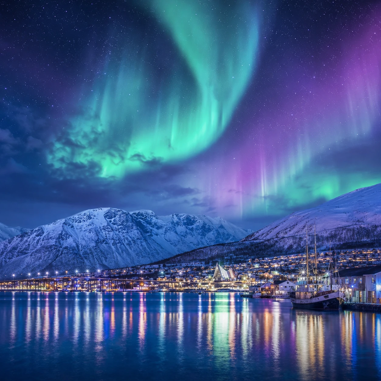 Nordlys over Tromsø og arktiske fjell